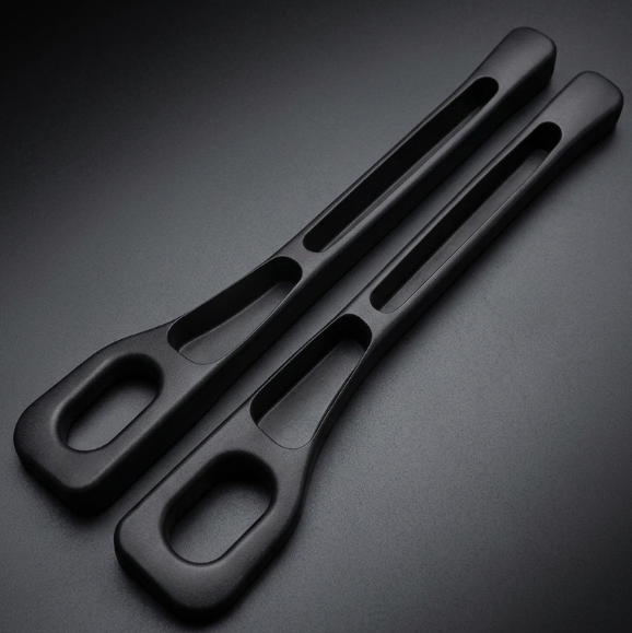 Two matte black ergonomic handles with integrated cutouts, photographed on a dark gradient studio background.